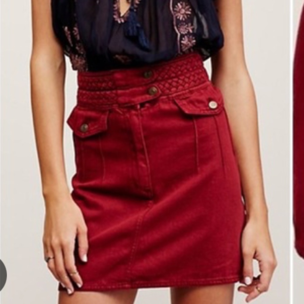 Free People Cranberry Braided Baby Denim Mini Skirt